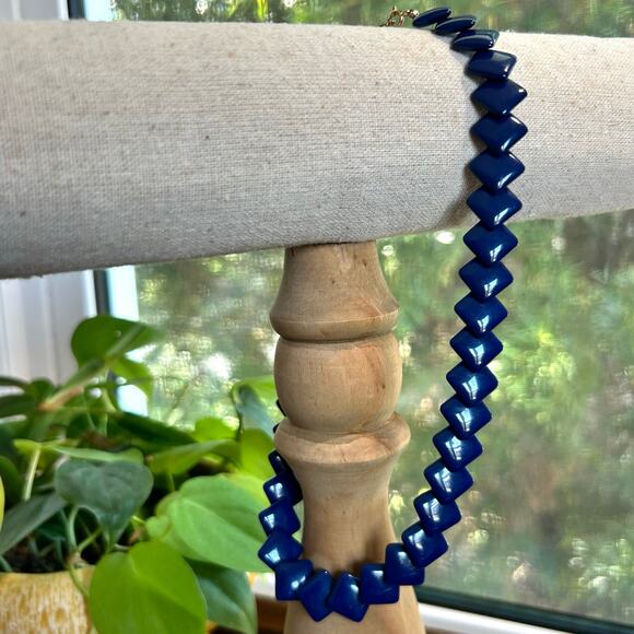 Vintage Navy Blue Square Beaded Trifari Necklace 16 Inch - Picture 3 of 13